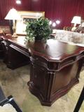 HOOKER FURNITURE PARTNER DESK, SEVEN SEAS COLLECTION, EMBOSSED LEATHER TOP, SLIDE OUT KEYBOARD DRAWERS, FILE CABINETS, EXCELLENT CONDITION, APPROX 60"L