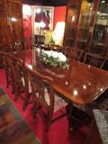 MAHOGANY DUAL PEDESTAL DINING TABLE, 2 LEAVES, 6 CHAIRS (2 ARMCHAIRS, 4 SIDECHAIRS), INCLUDES AND EXTRA SET OF 4 COORDINATING SIDECHAIRS IN MATCHING UPHOLSTERY, EXCELLENT CONDITION