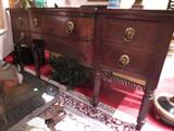 ANTIQUE MAHOGANY SIDEBOARD, BRASS PULLS, WITH SLOTTED BOTTLE DRAWER, HIDDEN DRAWER, APPROX 6'L