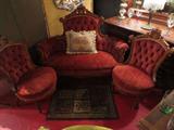 ANTIQUE PARLOR SUITE - LOVESEAT AND PAIR OF CHAIRS IN RED VELVET