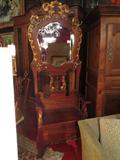 HALL TREE WITH STORAGE BENCH, GILT CARVINGS