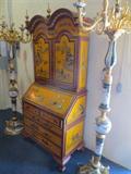 STRIKING CHINOISERIE SECRETARY BOOKCASE IN GOLDEN YELLOW AND RED, WITH GOLD FINIALS