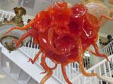 AMAZING DALE CHIHULY STYLE ART GLASS CHANDELIER IN STRIKING BLOOD ORANGE, WITH GLASS FLOWERS AND FIORI, ALMOST 3 FT WIDE!