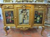 GOLD GILT CABINET WITH PAINTED CHERUBS AND FLOWERS
