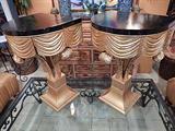PAIR VINTAGE GILT WOOD TABLES WITH FEATHER AND DRAPERY MOTIF AND FAUX MARBLE TOPS