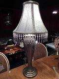 ART NOUVEAU STYLE TABLE LAMP WITH SILVER, GRAY, AND GOLD FINISH BASE, BEADED SHADE, APPROX 28"H