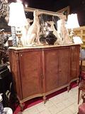 FRENCH STYLE INLAID BAR CABINET, BEVELED MARBLE TOP, BURL WOOD PANELS, BRASS PULLS, MIRRORED INTERIOR WITH MIRRORED SHELVES, BRASS RAILS, AND 3 CENTER DRAWERS, VERY GOOD VINTAGE CONDITION, APPROX 7'L X 5'H X 25"D