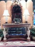 THOMASVILLE MARBLE TOP CONSOLE WITH STONE FINISH URN COLUMN BASES