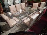 CHARLES HOLLIS JONES 1970's THICK LUCITE DINING TABLE WITH 10 LUCITE CANTILEVER CHAIRS, TABLE TOP IS 2 INCH THICK LUCITE, BASE IS 2 INCH THICK SQUARE CUT LUCITE IN ONE PIECE.  ONE OF A KIND CUSTOM SET IN REMARKABLE CONDITION FOR IT'S AGE - HARDLY ANY SCRATCHES, NO BUBBLING, YELLOWING