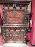 SPECTACULAR ANTIQUE AUSTRIAN BUTLER'S DESK WITH BRASS DOUBLE HEADED EAGLE, CARVED FIGURES, AND HIDDEN COMPARTMENTS