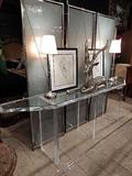 CHARLES HOLLIS JONES 1970's THICK LUCITE CONSOLE TABLE, TOP IS 2 INCH THICK LUCITE, BASE IS 2 INCH THICK SQUARE CUT LUCITE.  ONE OF A KIND CUSTOM SET IN REMARKABLE CONDITION FOR IT'S AGE - HARDLY ANY SCRATCHES, NO BUBBLING, YELLOWING.  ONCE IN A LIFETIME OPPORTUNITY TO OWN A MODERN DESIGN GEM.