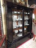 ANTIQUE GLASS DOOR BOOKCASE/DISPLAY CABINET, WOOD SHELVES, BLACK FINISH