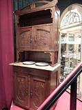 CIRCA 1920's ART NOUVEAU STYLE HUTCH, MARBLE TOP, 2 TIERS WITH CARVED FLORAL DESIGNS ON DOORS