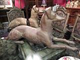 PAIR CAST IRON WHIPPETS, LAWN OR GARDEN ORNAMENTS IN THE FORM OF RECUMBENT WHIPPET DOGS, POSSIBLY J.W. FISKE FOUNDRY OF NEW YORK, APPROX 18" X 38" X 10"; VERY GOOD CONDITION WITH MINOR WEAR AND OXIDATION, GOLD FINISH