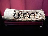 ANTIQUE CHINESE MAMMOTH TUSK, CARVED WITH 8 IMMORTALS, APPROX 4.25" X 14.25"L, PLUS STAND APPROX 1.25"H