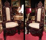 MONUMENTAL THRONE CHAIRS WITH CARVED LION'S HEAD ARMS