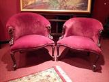 PAIR RED VELVET ARMCHAIRS WITH CARVED "TASSEL" FEET AND ARMS