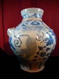 ANTIQUE CHINESE DUAL HANDLE JUG, BLUE AND WHITE