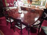 FLAME MAHOGANY DINING TABLE WITH 2 LEAVES AND 6 CHAIRS BY BATESVILLE CABINET CO., CIRCA 1940's, EXCELLENT CONDITION