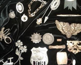 Ooohh-today's finds!  Vintage WWII Military bring back Third Reich coins, Victorian, Butterfly wing in sterling necklace, invalid feeder, ALBANY POLICE BADGE!   (obsolete) 