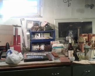 Assorted antique bottles, tools, 