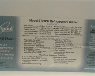 WHIRLPOOL 19+ cu FRIDGE