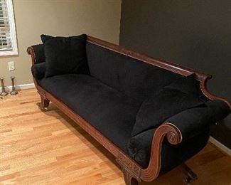 ANTIQUE MAHOGANY SOFA CIRCA 1900s
PURCHASE MASSACHUSETTS
PAID $4,500
PROFESSIONALLY-RESTORED AND  REUPHOLSTERED 7 YEARS AGO
83” L x 34” D x 35” H
