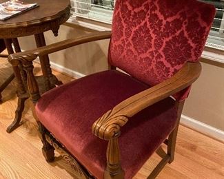 TWO ANTIQUE ARMCHAIRS IN BURGUNDY UPHOLSTERY 