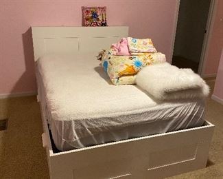 WHITE FULL SIZE BRIMNES IKEA BED WITH DRAWERS-ONLY YEAR OLD 