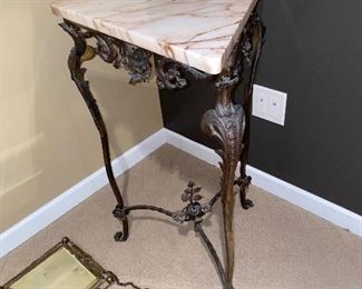 MARBLE TRIANGULAR CORNER TABLE WITH METAL WROUGHT IRON BASE  
20” W x 17.5 D x 30.5”H