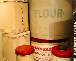 Vintage flour bin and tin coffee and tea canisters