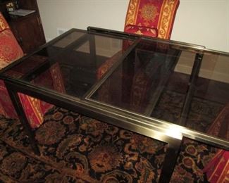 1970's Milo Baughman Chrome & Smoke Glass Top Extendable Dining Table.