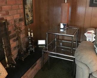 Three piece Chrome and glass table set with a nice Mcm wood table lamp!
