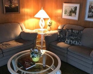 Large round center table with matching end table. The dual recliner loveseat and sofa bed couch are by Lane!