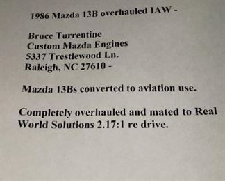 1986 Mazda 13B Overhauled  Motor Aviation Use
