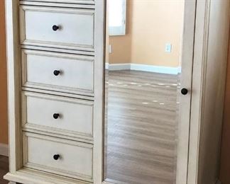 American Furniture Warehouse Bedroom Suite: King Bed Frame, Mirrored Armoire, Dresser, and Mirror