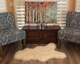 Lane Cedar Chest, Pair Armless Chairs, Art Canvas, Sheep Skin Rug