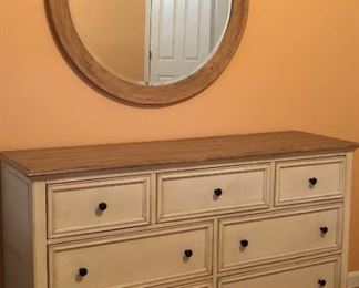 American Furniture Warehouse Bedroom Suite: King Bed Frame, Mirrored Armoire, Dresser, and Mirror