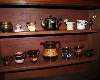 Collection of English copper luster pitchers and other pottery / porcelain items