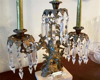 Antique brass / marble candelabra with crystal prisms