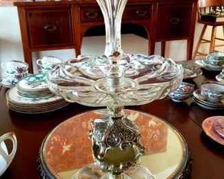 Duncan & Miller epergne, antique plateau mirror