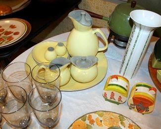 Harker "Golden Dawn" yellow / gray dishes, Clarice Cliff MMA repro sugar bowls, Rosenthal Studio Line vase