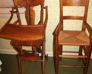 Antique high chair, rush seat stool