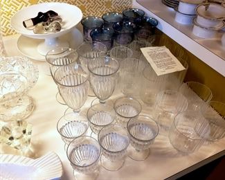 Heisey "Ridgeleigh" glasses, set of tumblers and old fashioned glasses designed by Massimo and Lella Vignelli for CIGA hotels in 1979 - reproduced by the Metropolitan Museum of Art, and blue flashed "King's Crown" goblets