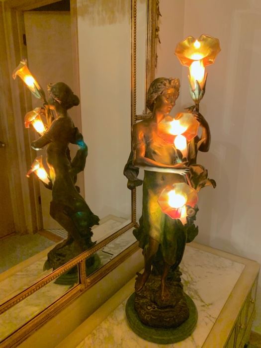 Art Nouveau 32" lamp with art glass shades