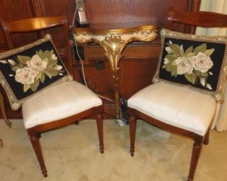 PAIR ANTIQUE CHAIRS - SMALL FRENCH TABLE