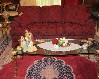 ANOTHER MAROON COUCH - FRENCH BRASS LEG COCKTAIL TABLE -NATIVITY  SCENE
