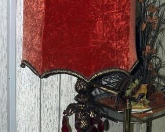 Unique Vintage 42.5" Parlor Lamps With Crushed Velvet Shades And Red Glass Charms, Qty 2