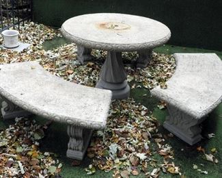 Cast Concrete Patio Set With Pedestal Table And Curved Benches, Qty 3 30" T X 42" Round, Benches: 17' X 52" X 19"