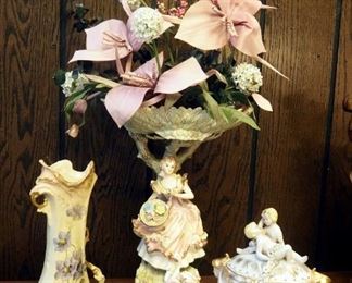 Hand Painted Porcelain Collectibles Including 14" Bouquet Stand, 11" Vase, Bowls With Lids And More